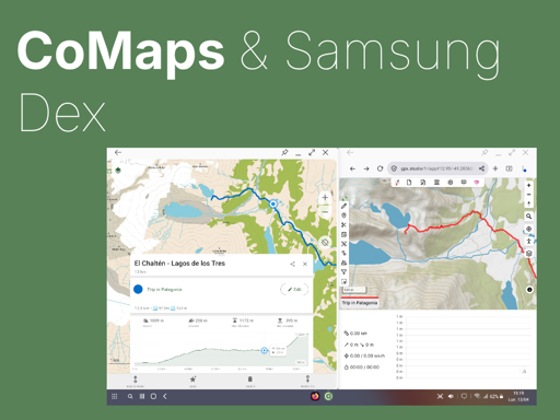 a sharepic reading "CoMaps & Samsung Dex" with a split-screen screenshot showing CoMaps and a webbrowser at the same time