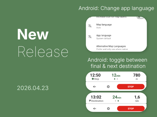 A sharepic with screenshots showing the app interface language selector and the next stop/destination navigation details