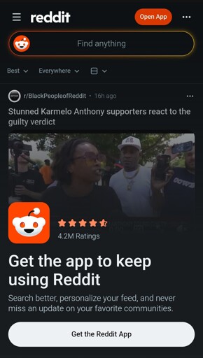 A screenshot of Reddit on mobile with a banner covering the lower half of the page advertising the app