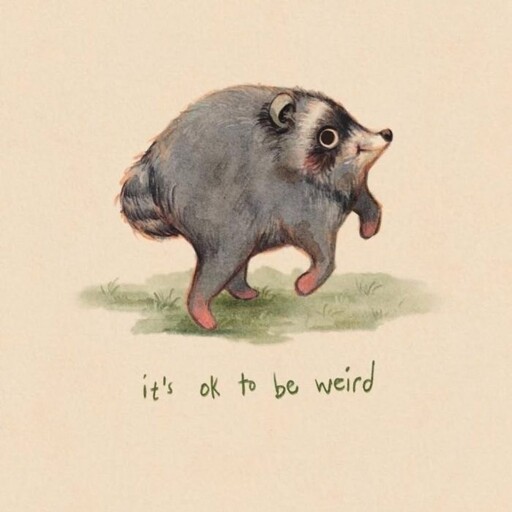 A drawing of a short-spined raccoon with the caption "it's ok to be weird"