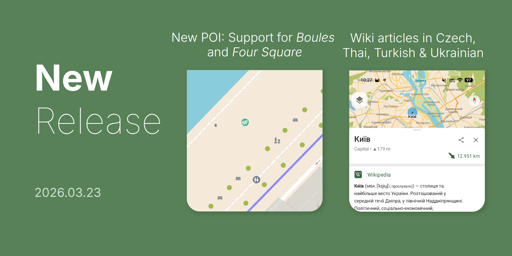 a sharepic reading "new release 2026.03.23" and two screenshots symbolising the new POI types (Boules and Four Square) and new Wikipedia languages (Czech, Thai, Turkish and Ukrainian)