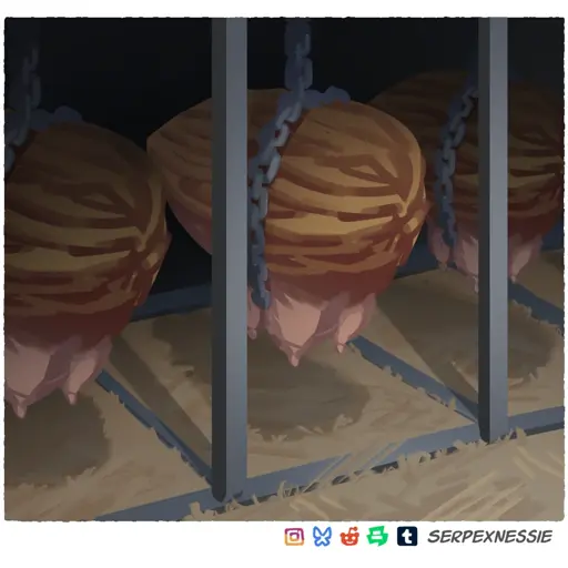 a milking "barn like" area with huge almonds hanging on chains. The almonds have udders.