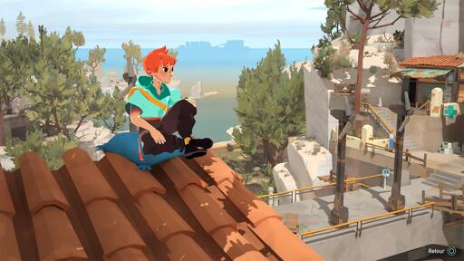 In game image of the game caravan sandwitch where we see the character "sauge" (short haired, sportswear) sitted on a cushion on a roof (province roof tile), and in the background a very province influenced landscape trees, mountain and water afar, and a bit closer, a bit of the village on the mountain side.