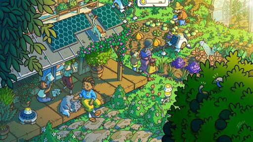 A hand drawn depiction of a near future solarpunk community garden, with solar panels on the roof of a small building, outside of which is a group of people along with small cute robots tending to the crops. One person is sitting on the porch of the building petting a dog curled up for a nap.