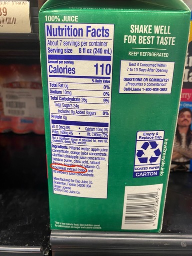 A photo of the Nutrition Facts on a carton of juice. At the top it says “100% juice,” but among the ingredients it lists “cochineal extract” for color.
