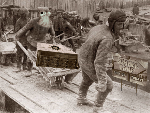 The SLRPNK Server admin, poVoq, hauling the SLRPNK server in a wheelbarrow toward the frozen luxury re-education camp, with a happy little sign showing the way, and suggesting they sign up today :)