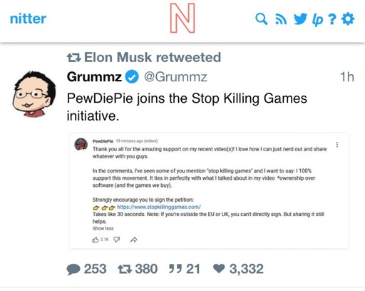 pewdiepie stopkillinggames support YT-pic got tweeted by grummz which got retweeted by elon musk