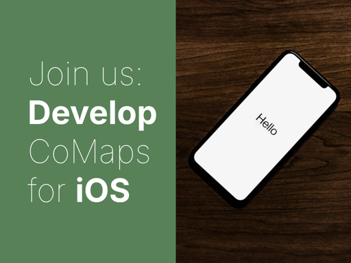 A share pic saying "join us: develop CoMaps for iOS" next to a picture of a phone saying "hello"